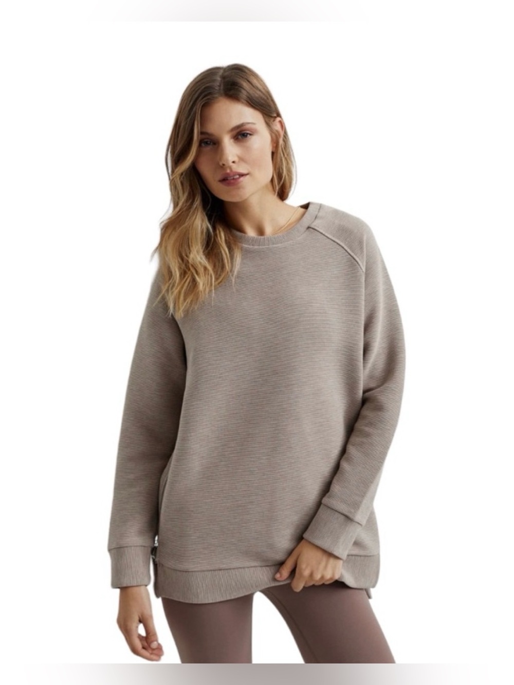 Varley Manning Taupe Marl Ottoman Rib Side Zip Sweatshirt Large NWOT